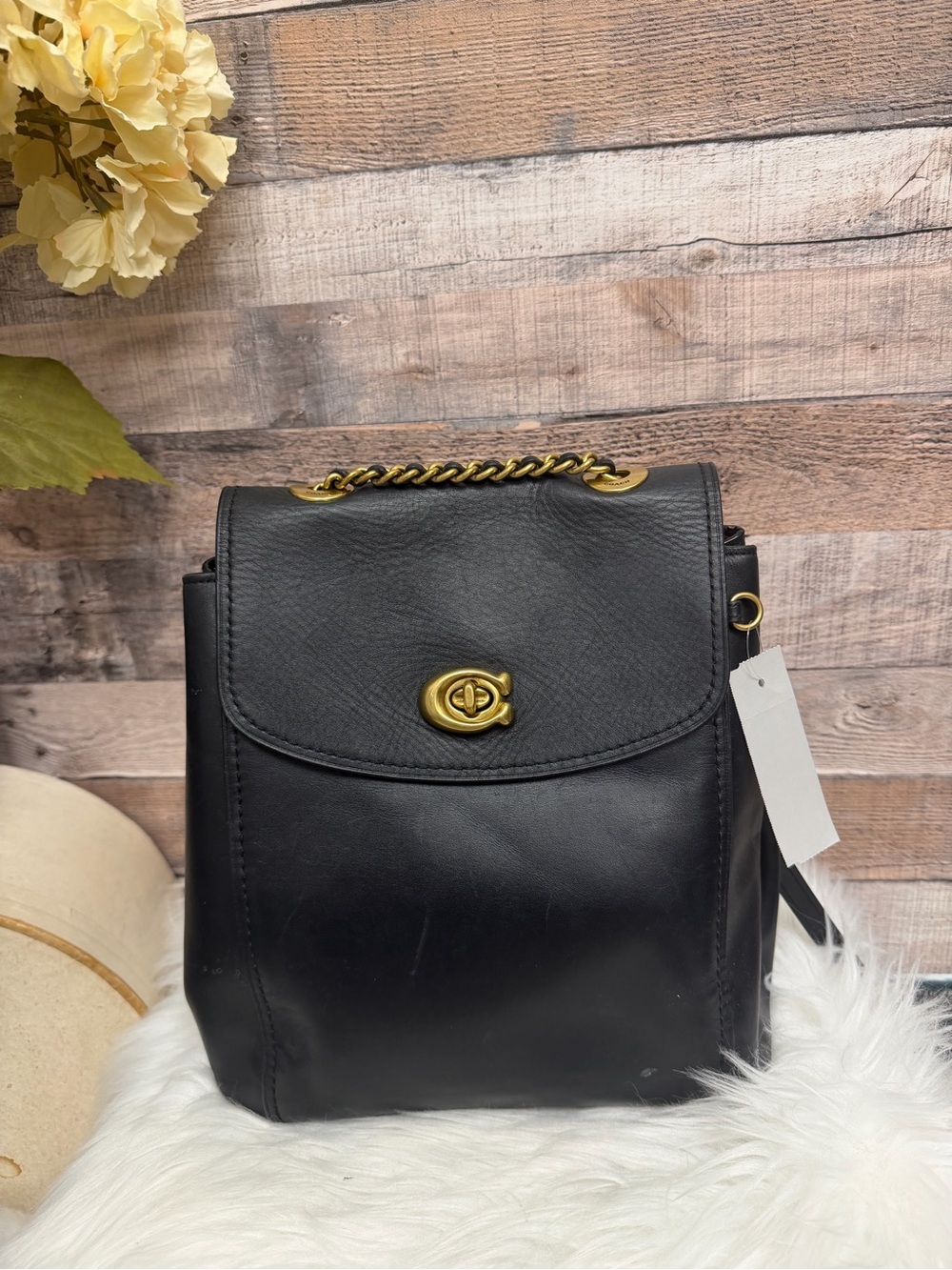 Coach Black Leather Backpack with Gold-Tone Hardware